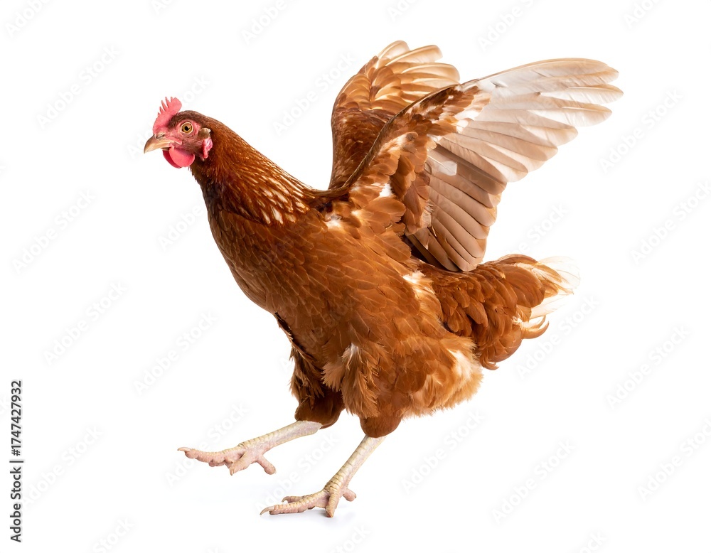 Fototapeta premium A full-body shot captures a brown chicken in mid-air, wings spread, and legs extended. A white backdrop provides clean isolation