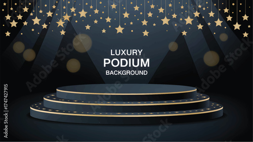 Dark blue podium background with gold stars and spotlights stage