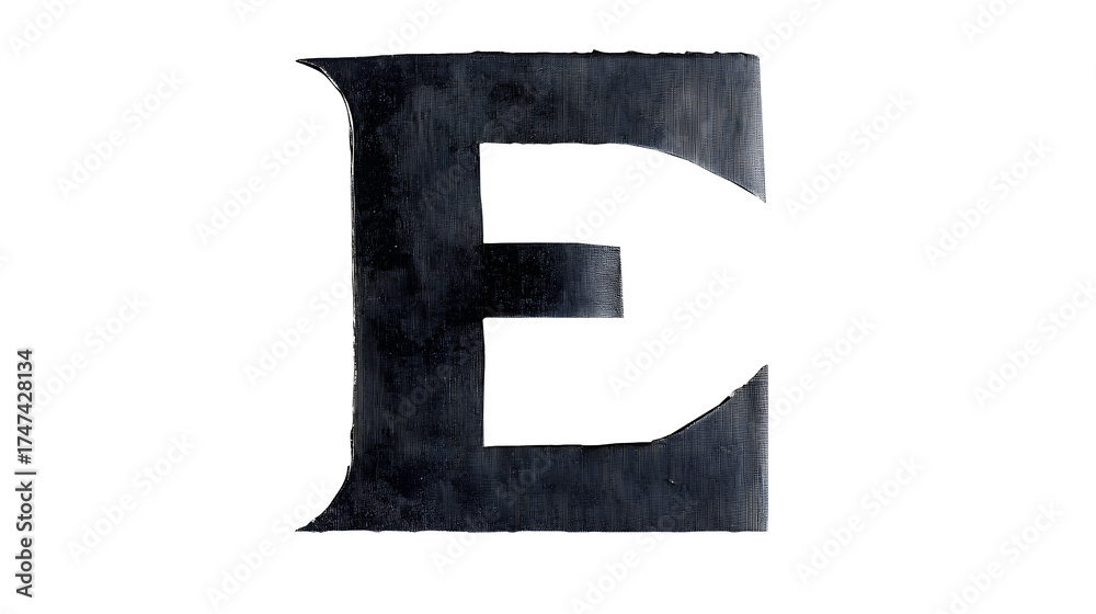 Fototapeta premium A dark metallic letter e on a transparent background close up view