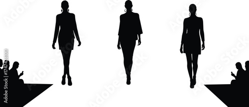 Fashion runway silhouettes, models walking, audience watching, catwalk scene, stylish clothing, fashion show, glamour, lifestyle, design element, black figure, event illustration