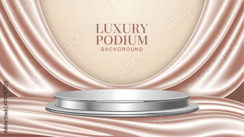 Silver podium on rose gold satin fabric background