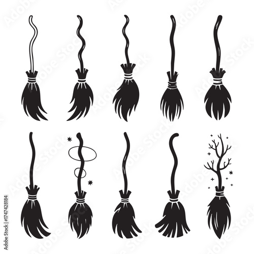 Classic flying broom silhouette icons Halloween vector illustration