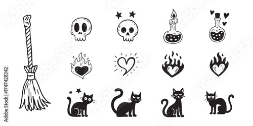 Unique spooky icons set doodle style Halloween illustration vector