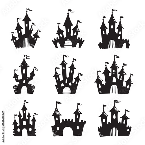 Set Of Creepy haunted house silhouette Halloween vector art