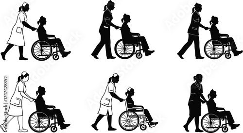 Caregiver pushing wheelchair, elderly assistance, medical support, nurse silhouette, healthcare service, disability aid, patient mobility, hospital staff, black and white illustration