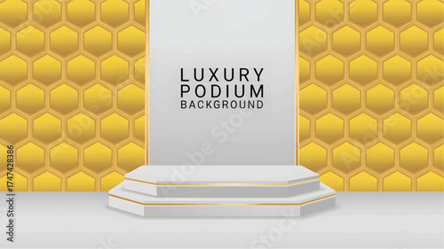 White podium with gold trim on honeycomb background