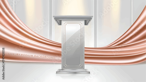 Silver podium with rose gold draped fabric background