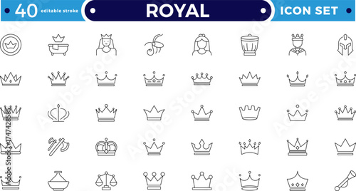 Royal outline icon set. Crown vector icon collection. Set of four black king and queen royal symbols. Luxury, premium, and VIP. Editable stroke outline icon.
