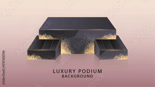 Dark podium background with gold glitter accents and text stage