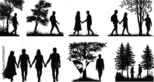 Silhouette of couple walking and holding hands under trees, romantic relationship illustration, love, nature, outdoor scene, vector design artSilhouette of 