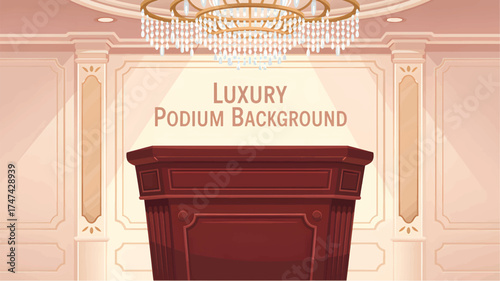 Red wooden podium background in an ornate room with a chandelier stage