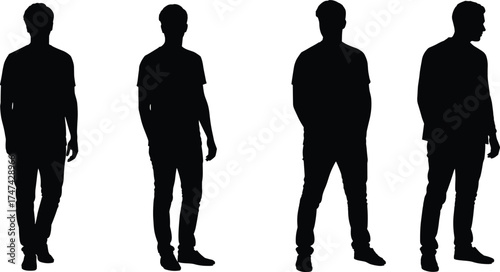 Male human silhouettes, standing poses, casual clothing, profile view, body language, pointing gesture, relaxed stance, black outline, people figure, design element