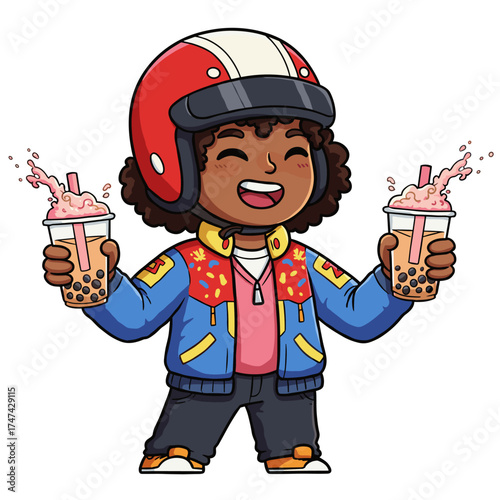 Smiling character with red-white helmet holds two splashing bubble tea cups, wearing colorful outfit on orange background.
