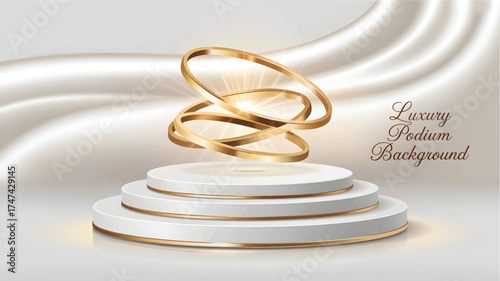 White tiered podium with gold rings and satin background