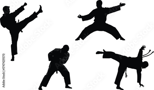 Martial arts silhouette, karate kick, defensive posture, acrobatic move, kata stance, black figures, vector art, white background, combat training illustration