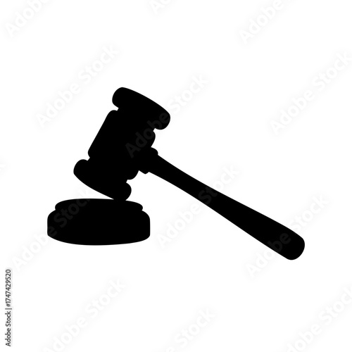 Black silhouette illustration of a gavel, symbol of justice and authority, legal action
