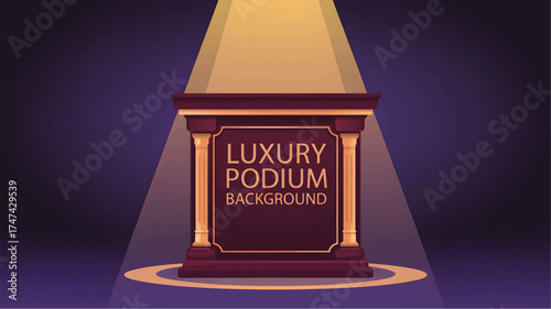Dark red podium background with gold accents under spotlight stage