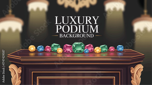 Dark wooden podium background with colorful gemstones and ornate details