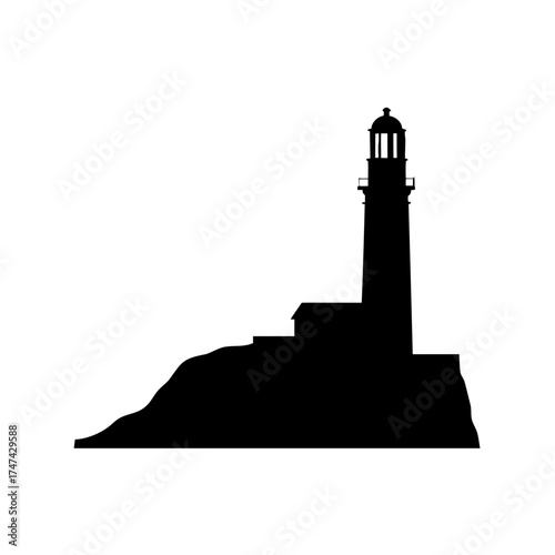 Black silhouette of a lighthouse atop a rocky outcrop against a white background