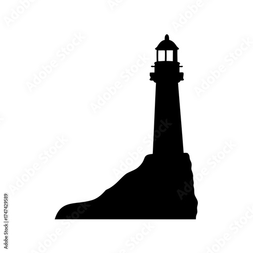 Silhouette of a lighthouse perched atop a rocky cliff on a white background