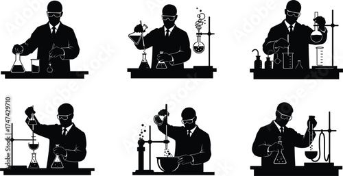 Scientist in laboratory, conducting chemical experiments, wearing safety goggles, using lab equipment, beakers, flasks, dropper, mixer, burner, black and white silhouette illustration