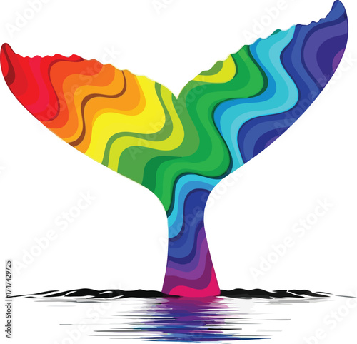 Vibrant rainbow colored whale tail emerging from the water in a playful and artistic design against a clean creates a joyful scene on white background