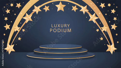 Dark blue podium background with gold stars and an arch stage award