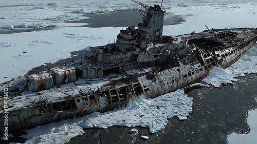 Rustic warship wreck in glacial waters