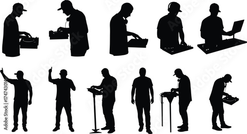 Silhouette of DJ performing with equipment, music mixing and sound control, disc jockey at concert, nightlife entertainment performance concept illustration