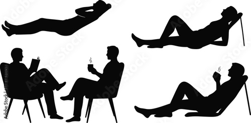 People silhouette relaxing, reading book, drinking coffee, lounging chair, leisure lifestyle, black figures, vector art, white background, comfort, daily activity illustration