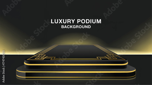 Black and gold tiered podium with spotlight background