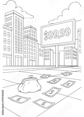coloring book wallet melting on street with money flying away city background, symbol of inflation loss