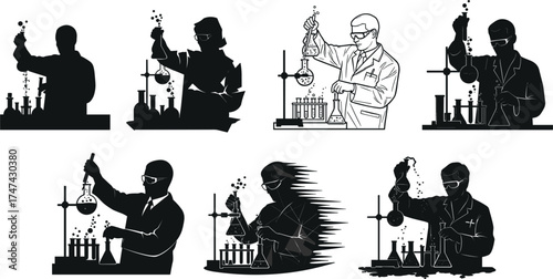 Stylized scientist illustrations, conducting lab experiments, wearing safety goggles, using beakers, flasks, test tubes, gloves, dynamic poses, professional laboratory environment, research concept