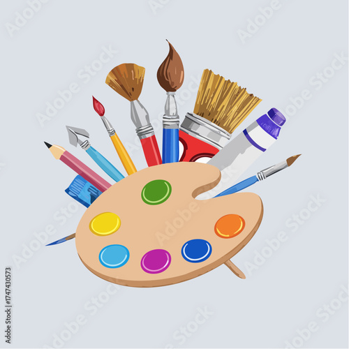 Art supplies on palette with transparent background