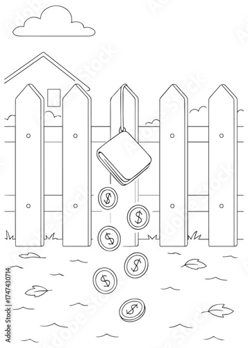 coloring book wallet dropping coins at fence symbol of inflation and money loss poverty illustration
