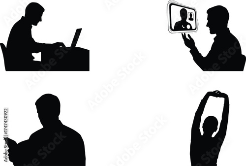 People silhouette working on laptop, video call, reading book, stretching exercise, modern lifestyle, black figures, vector art, white background, daily activity illustration