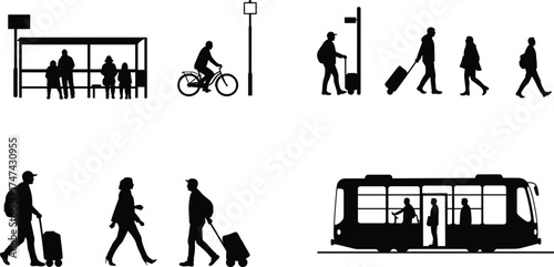 Public transportation silhouette, bus stop, cycling commuter, walking travelers with luggage, urban lifestyle, black figures, city travel, vector art, white background, mobility illustration