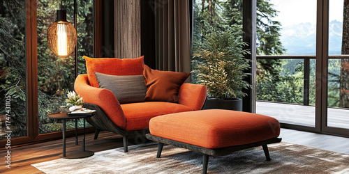 A cozy living room scene featuring a stylish orange armchair, ottoman, and modern decor with a view of lush greenery through large windows.