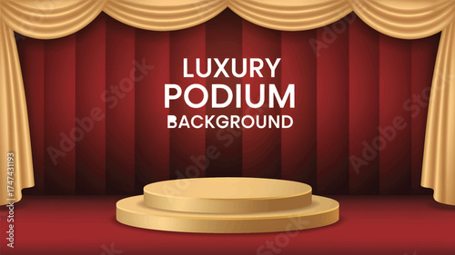 Golden podium on red carpet with gold curtains stage background