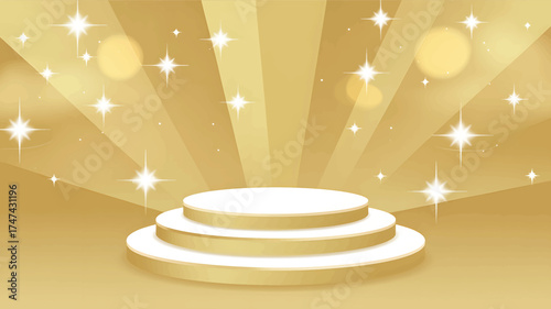 Golden podium with sparkling stars and bokeh lights background