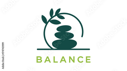 Serene balance logo stacked stones and green leaves represents harmony and calm