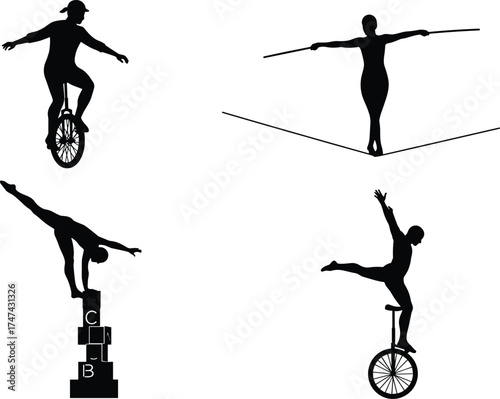 Silhouette circus performers, unicycle balance trick, tightrope walking act, acrobatic handstand stunt, artistic performance, extreme coordination, entertainment show, skillful balance act