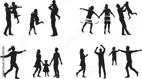 Silhouette family bonding, joyful children play, parent child interaction, happy lifestyle, playful activity, celebration moment, dancing figures, family fun, emotional connection, love
