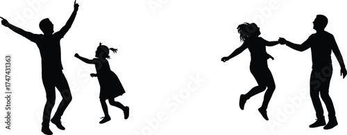 Silhouette family dancing, joyful children play, parent child interaction, happy jumping figures, playful movement, family fun, expressive dance, human connection, celebration