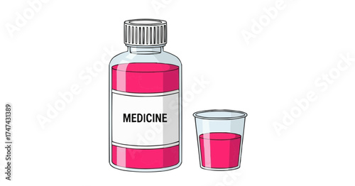 Pink medicine bottle with dosage cup offers aid and treatment for recovery time