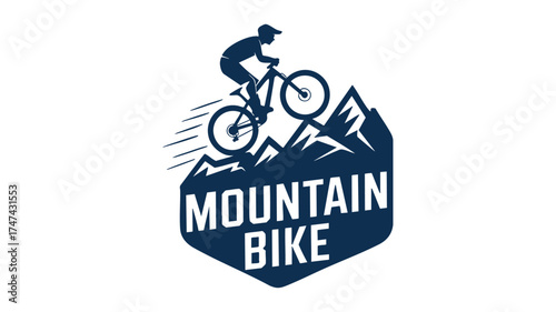 Dynamic mountain biking logo featuring rider and rugged peaks for outdoor adventure brands