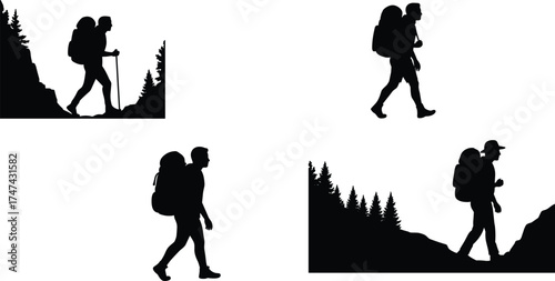 Silhouette hikers with backpacks, outdoor trekking journey, mountain hiking adventure, walking posture, nature exploration, camping trip, wilderness travel, fitness activity, scenic trail