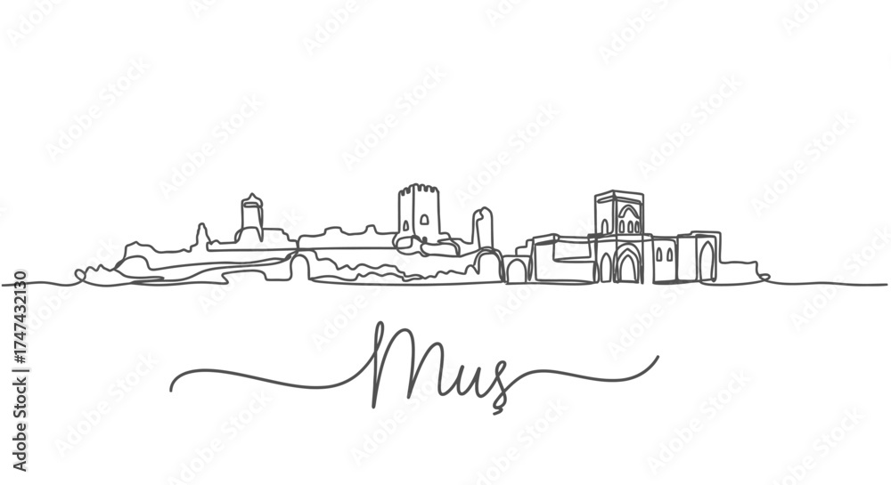 Obraz premium Minimalist continuous line drawing of Mus skyline with handwritten text