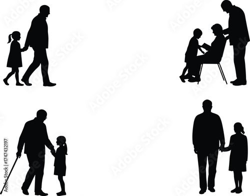 Silhouette of elderly man with child, family bonding, intergenerational relationship, care, trust, companionship, guidance, support, love, parenting, education