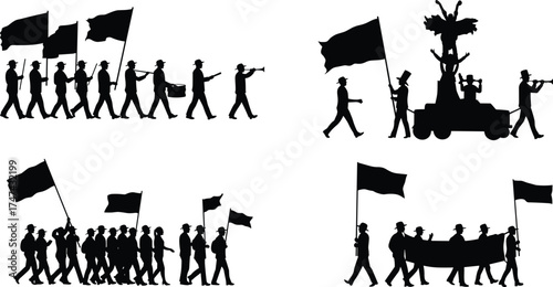 Silhouette parade scene, marching band musicians, flag bearers, parade float celebration, musical performance, festive march, cultural event, group procession, entertainment, ceremony
